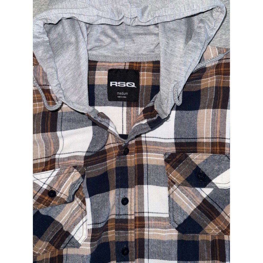 RSQ Mens Brown Plaid Hooded Flannel Shirt Size Medium Streetwear Grunge Skater